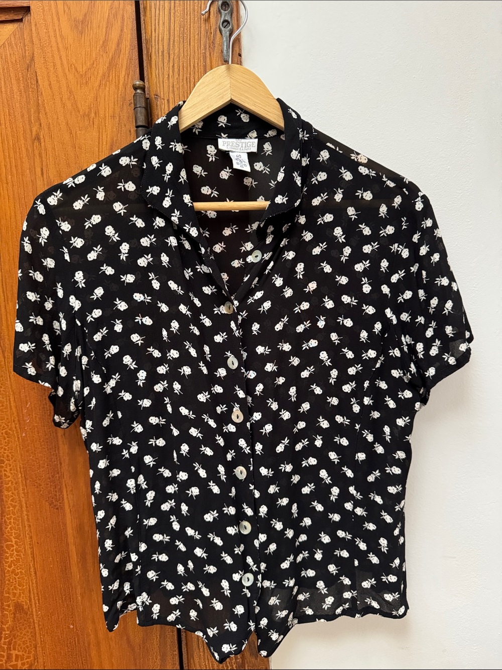 Black Short-Sleeve Button-Up Shirt with White Floral Print